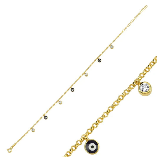ENAMEL EYE & MINI ZIRCONIA CHAIN CHARM ANKLET