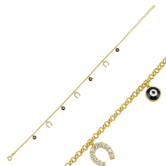 NAZAR EYE & CZ DANGLE ROLO CHAIN CHARM ANKLET
